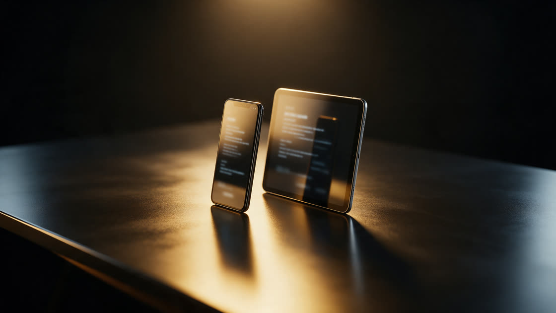 A smartphone and a tablet standing on a dark desk under a warm spotlight, their screens showing blurred text