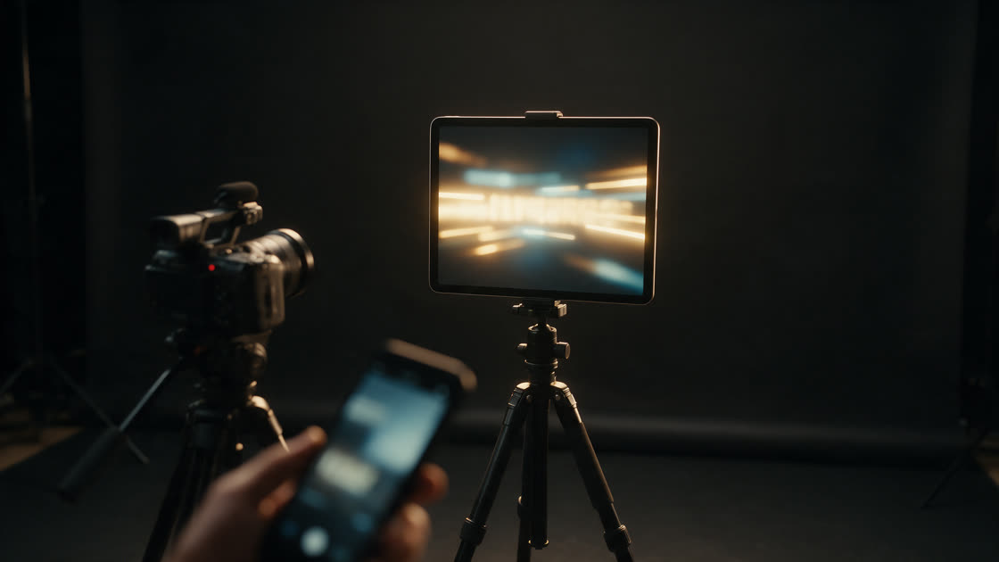 A tablet teleprompter on a tripod facing a camera while a hand holds a smartphone as a remote