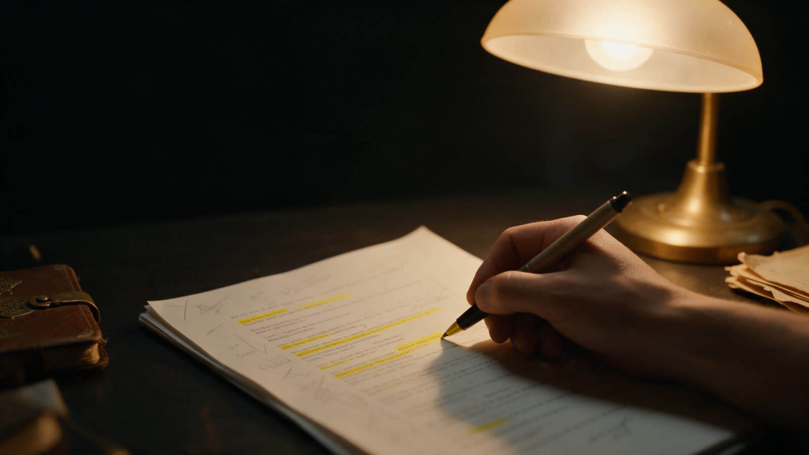 A hand marking up a printed script with a pen and highlighter under a warm desk lamp