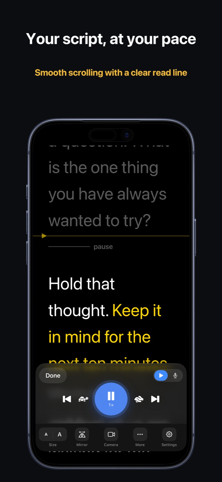 The prompter scrolling on iPhone with the gold read line