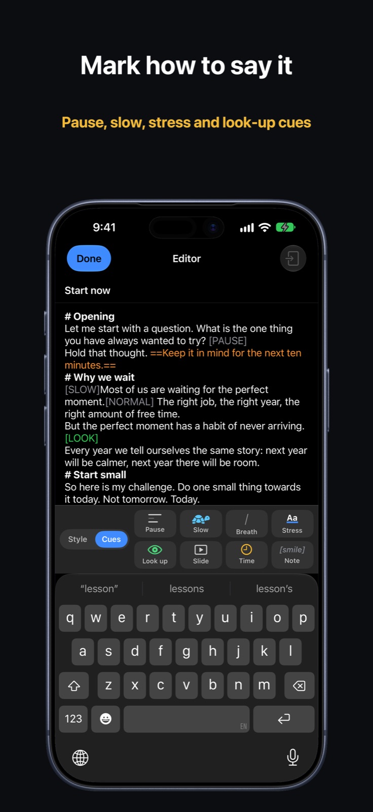 The editor with the Cues keyboard bar